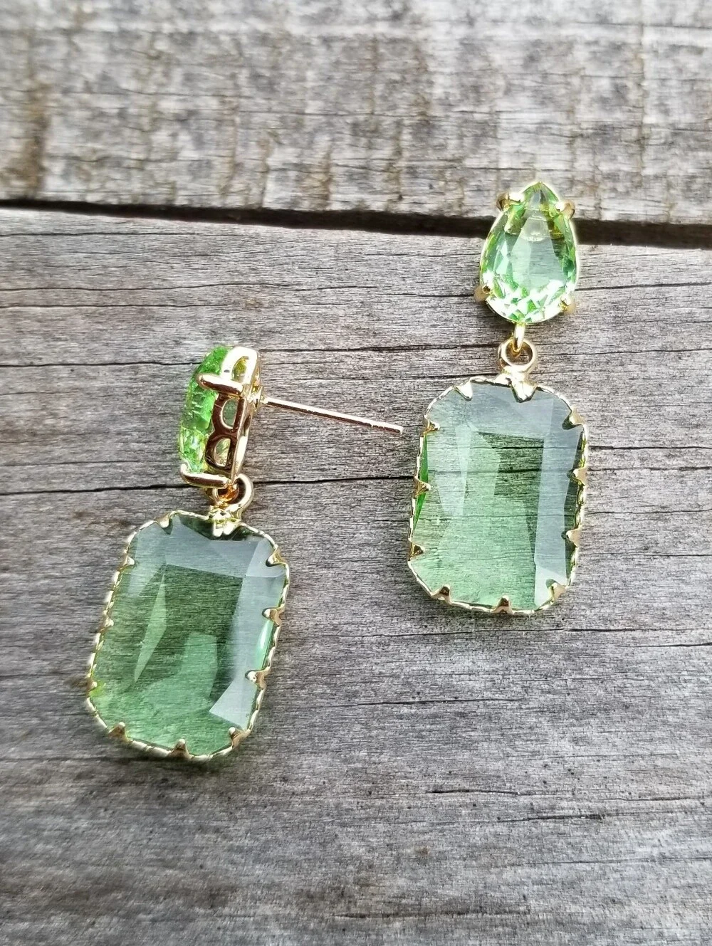 14k Gold Peridot Stud Earrings, Rectangular Peridot Dangle Earrings, Green Stone